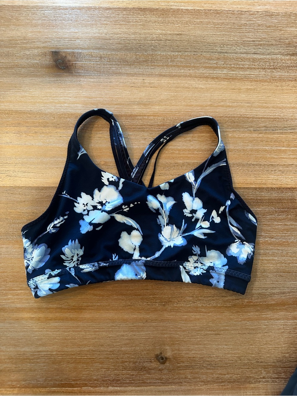 Athleta Navy Floral Sports Bra with Cream and Light Blue Blooms